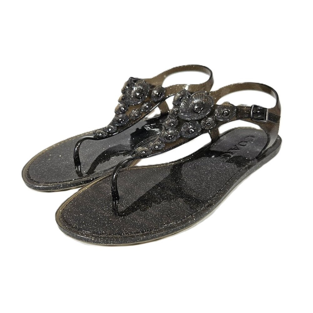 Coach Tea Rose Jelly Thong Sandals Black Glitter Floral Women's Size 9B G2071